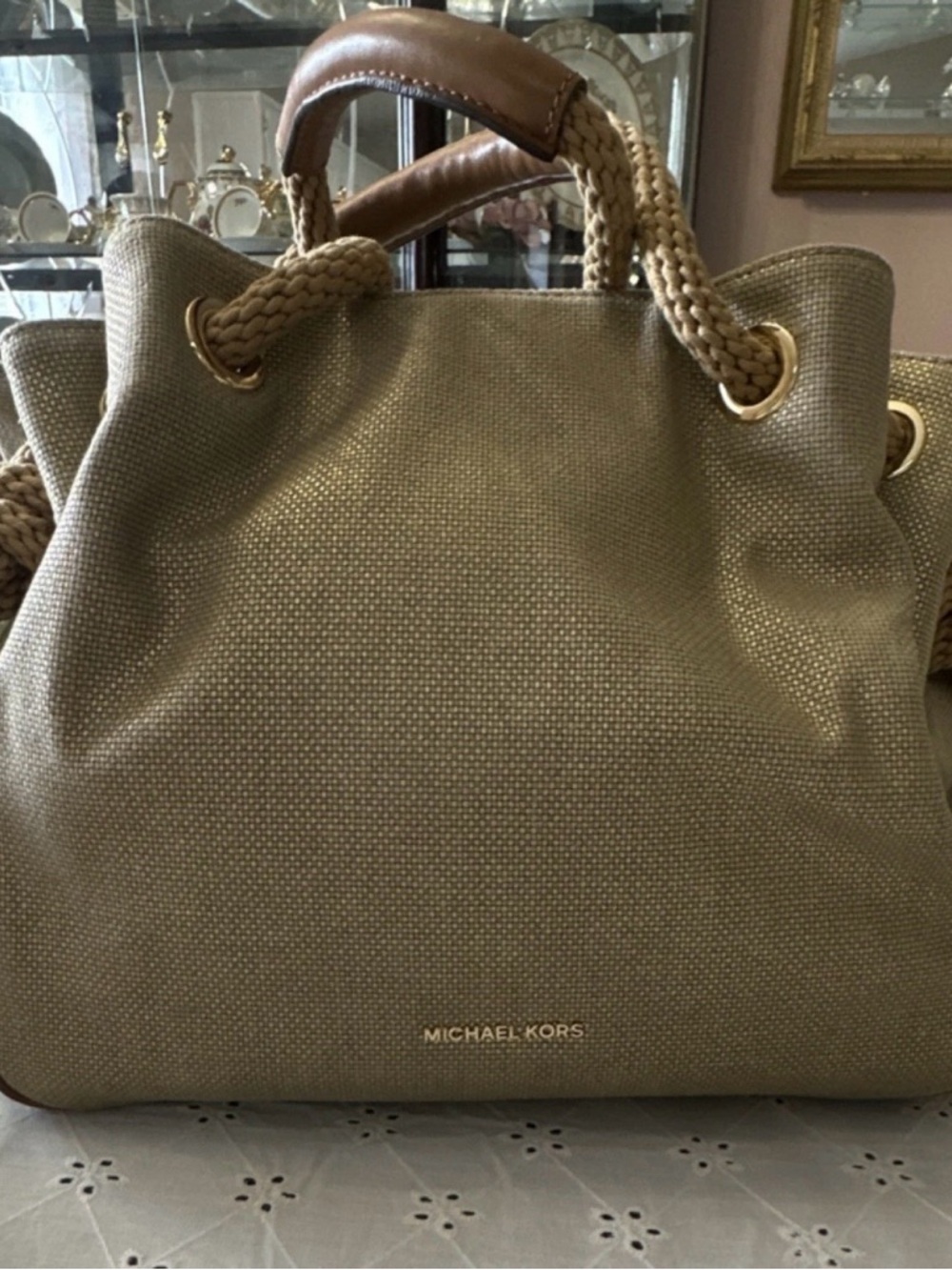 Michael Kors Beige Canvas Tote with Braided Rope Handles